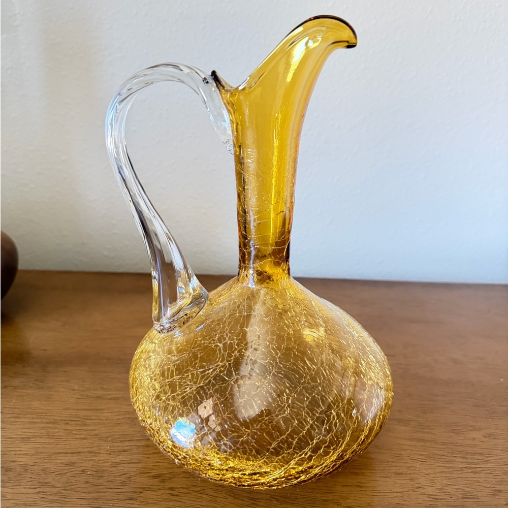 Vintage Amber Crackle Glass Pitcher 10” Hand Blown MCM Clear Handle